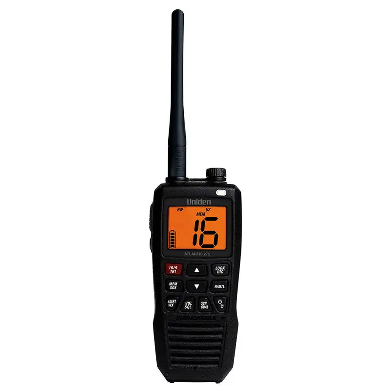 Uniden Atlantis 275 floating handheld VHF marine radio front view in yellow