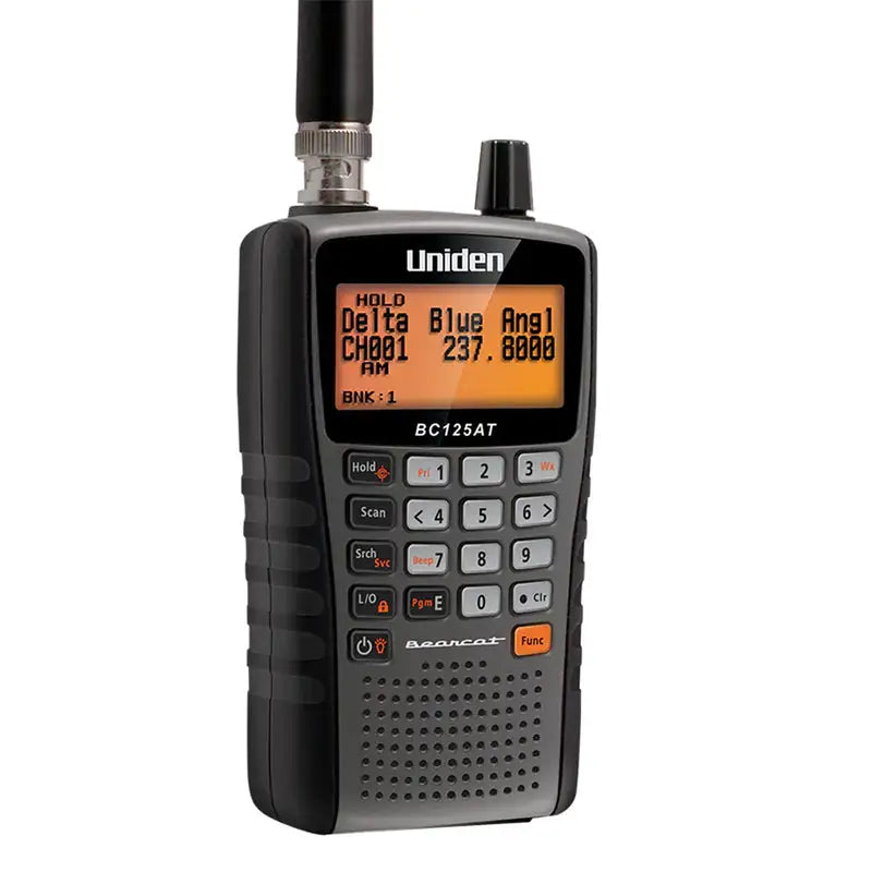 Uniden BC125AT analog handheld police scanner front view with LCD display