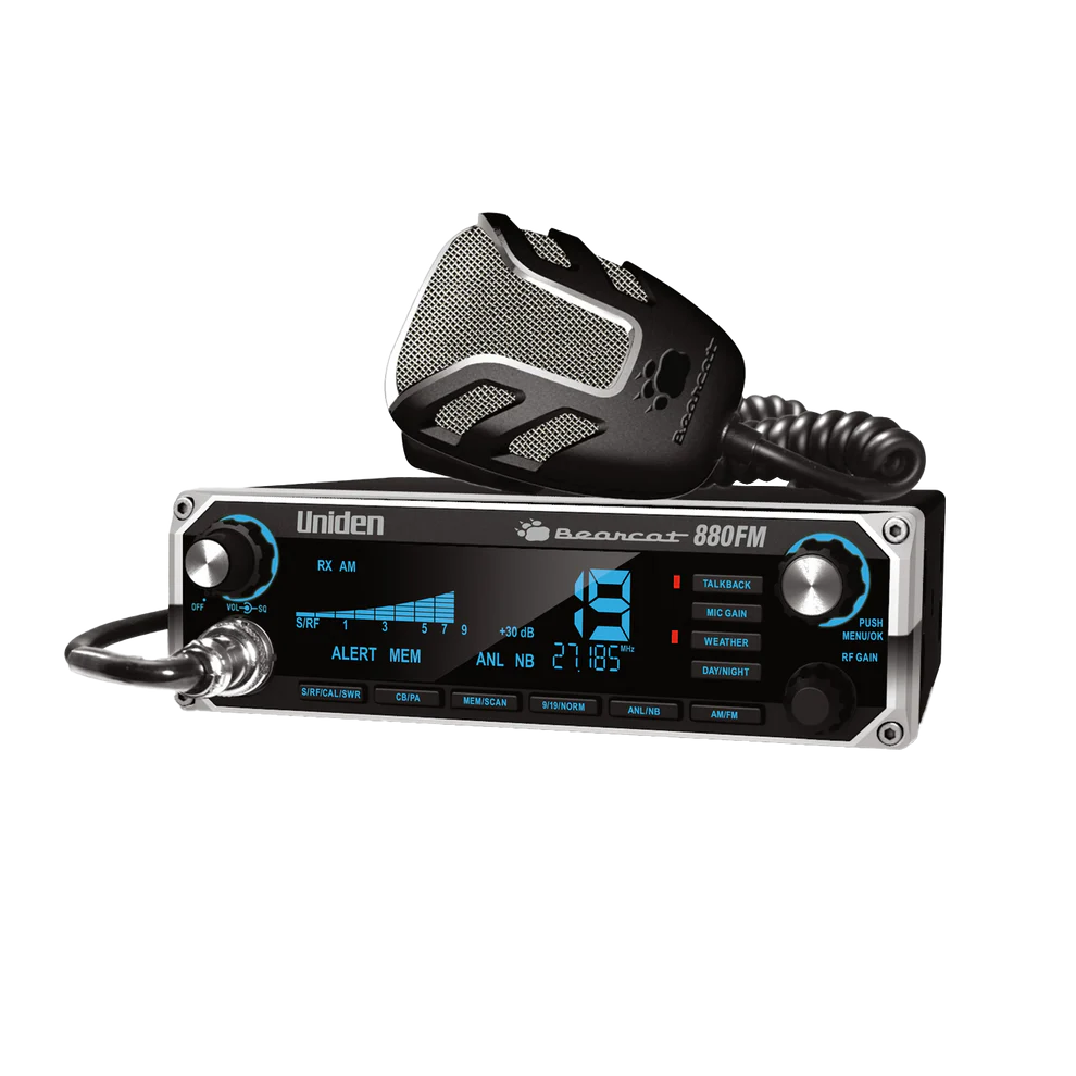 Uniden Bearcat 880FM CB radio front view with AMFM display and control knobs