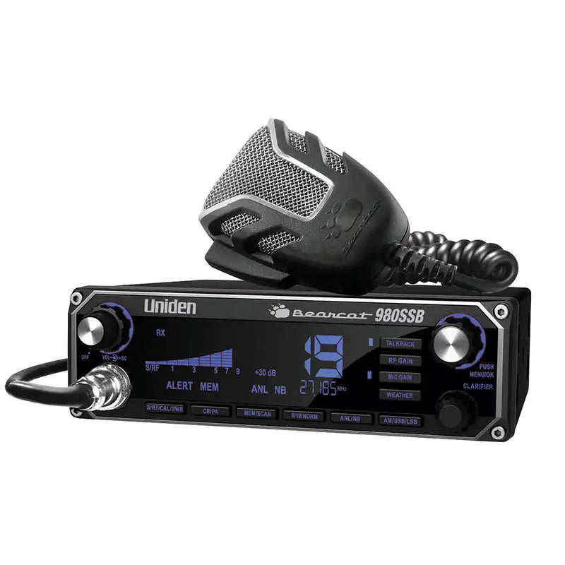 Uniden Bearcat 980SSB single side band CB radio front view with digital display and control knobs