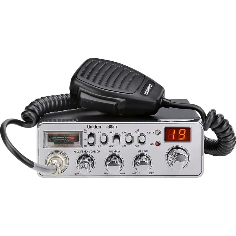 Uniden PC68LTX CB radio front view with digital display and control knobs