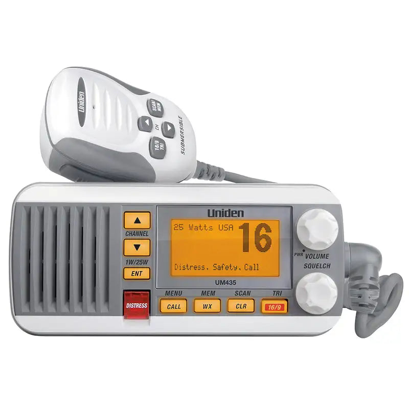 Uniden UM435 fixed mount VHF marine radio in white with LCD display