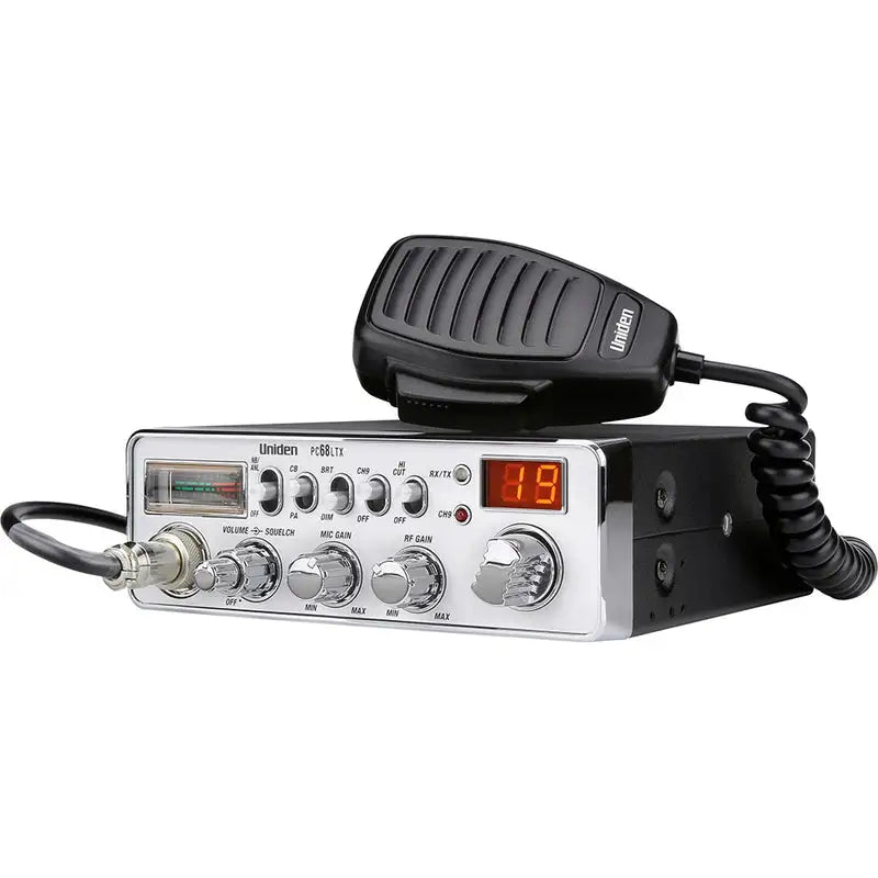 Side angle of Uniden PC68LTX CB radio showing function buttons and channel controls
