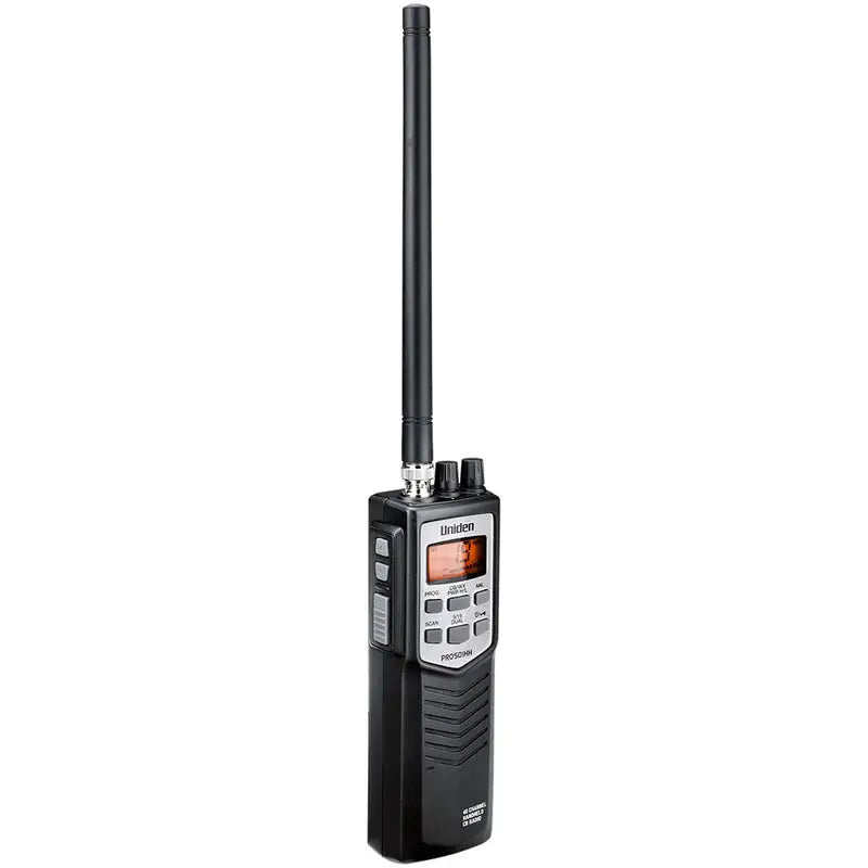 Side angle of Uniden PRO501HH handheld CB radio showing volume and channel controls