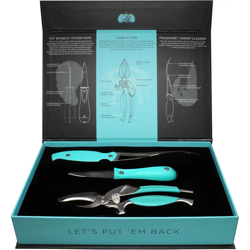 Toadfish Coastal Kitchen Collection with oyster knife, shrimp cleaner, and crab cutter
