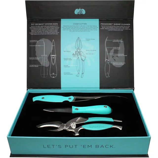 Toadfish Coastal Kitchen Collection with oyster knife, shrimp cleaner, and crab cutter