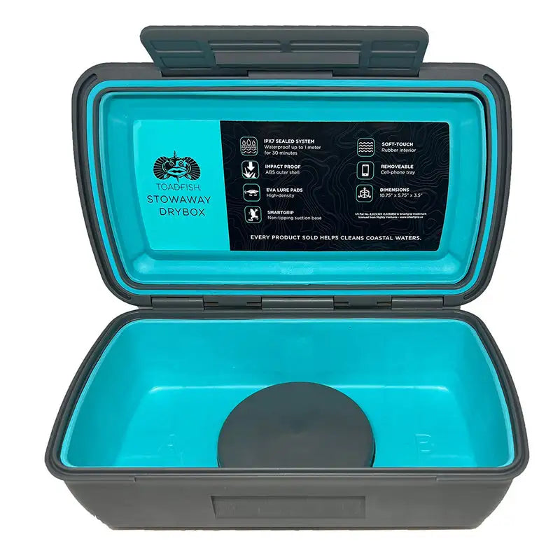 Toadfish Stowaway Dry Box with SmartGrip base and removable cell phone tray insert.