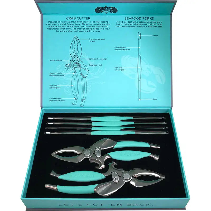 Toadfish crab and lobster tool set with two shell cutters and four seafood forks