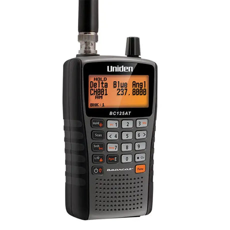Uniden BC125AT analog handheld police scanner front view with LCD display