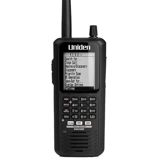 Uniden BCD436HP digital handheld police scanner with LCD display and control buttons