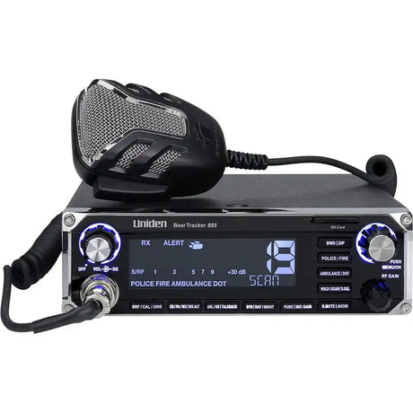 Uniden BearTracker 885 hybrid CB radio front view with digital scanner display