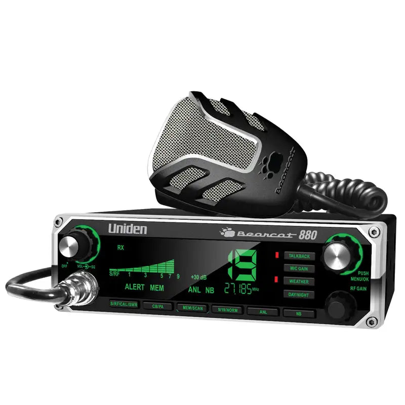 Uniden Bearcat 880 CB radio front view with 7-color display backlighting and control knobs