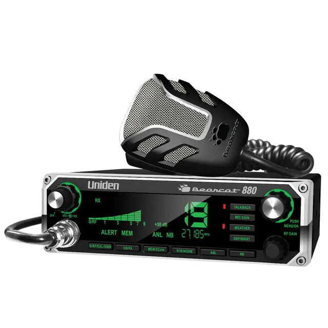 Uniden Bearcat 880 CB radio front view with 7-color display backlighting and control knobs