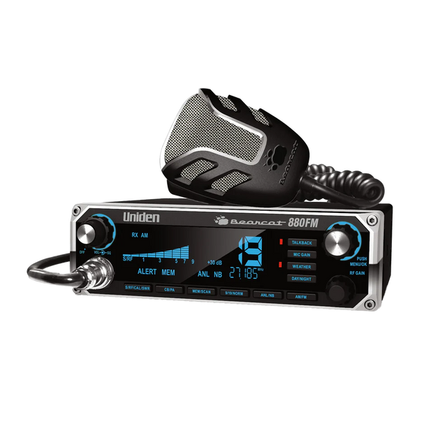 Uniden Bearcat 880FM CB radio front view with AMFM display and control knobs