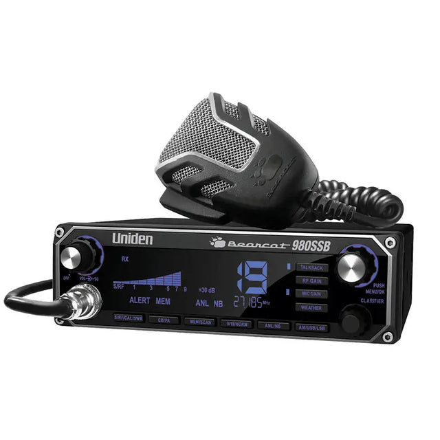 Uniden Bearcat 980SSB single side band CB radio front view with digital display and control knobs