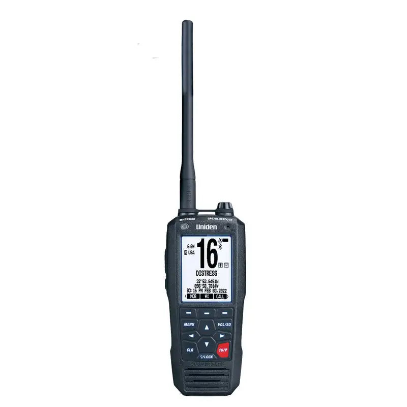 Uniden MHS338BT VHF marine radio front view with LCD display and GPS Bluetooth functionality