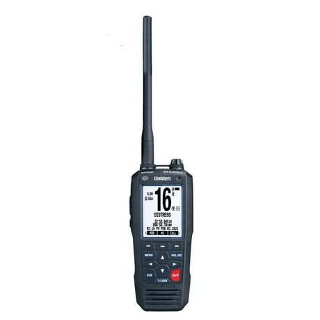 Uniden MHS338BT VHF marine radio front view with LCD display and GPS Bluetooth functionality