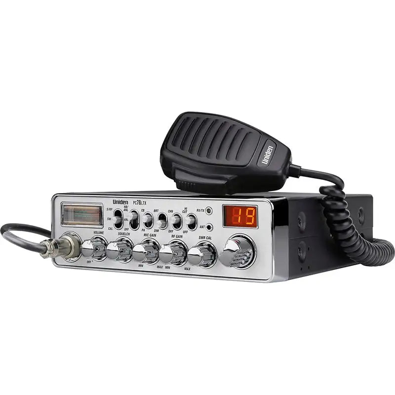Uniden PC78LTX CB radio showing function buttons and profile