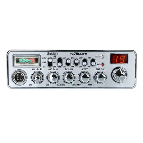 Uniden PC78LTXFM CB radio front view with AMFM display and control knobs