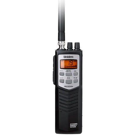 Uniden PRO501HH handheld CB radio front view with control buttons and antenna
