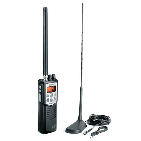 Uniden PRO501TK handheld CB radio front view with control buttons and high gain magnetic mount antenna