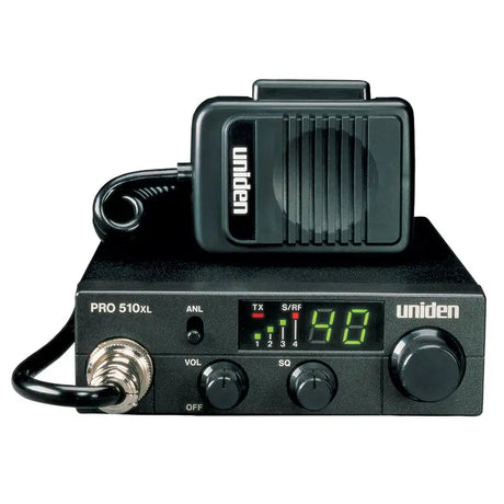 Uniden PRO510XL CB radio front view with 7W audio output and control knobs