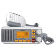 Uniden UM385 fixed mount VHF marine radio in white front view with LCD display