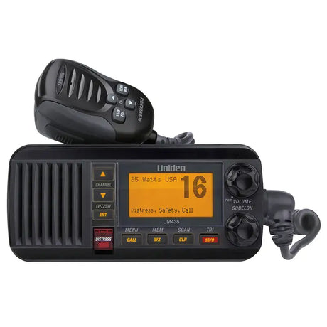 Uniden UM435 fixed mount VHF marine radio in black front view with LCD display