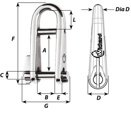 Halyard & Key Shackles Key pin shackle with bar - Dia 5 mm